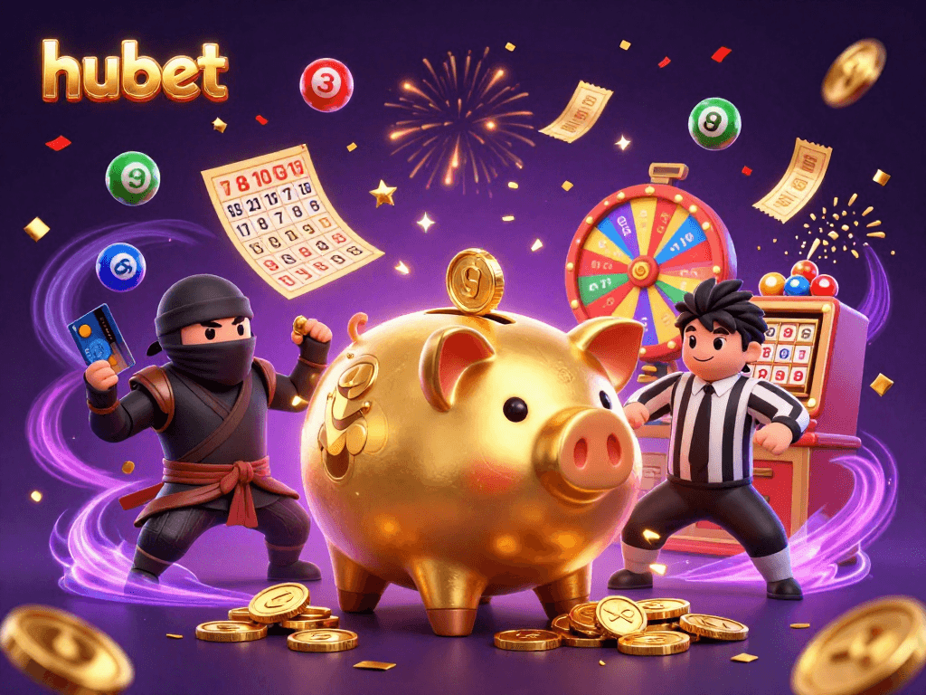 Engage with hubet's exciting dynamic casino scene featuring golden elements, playful characters, and vibrant energy.