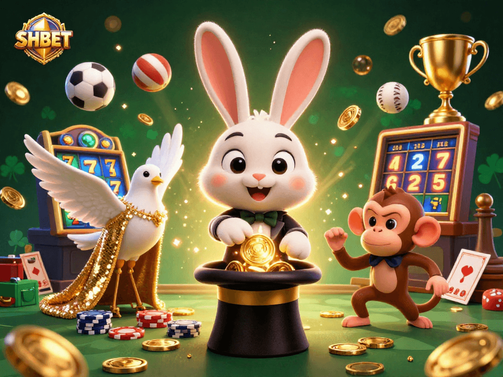 SHBET showcases a lively casino scene with a magician rabbit, a dove, and poker chips amidst vibrant game elements.