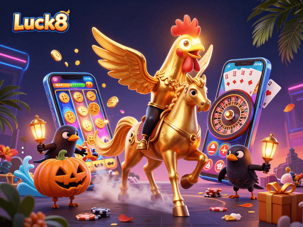 Engage with Luck8 in this vibrant casino scene featuring a golden rooster and exciting gaming elements.