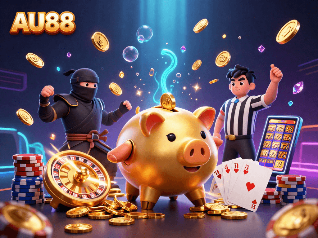 Engage in thrilling gameplay at AU88 with vibrant characters, coins, and casino elements.