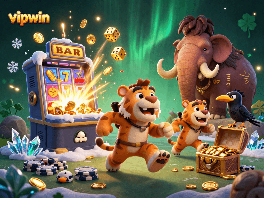 Join the excitement at vipwin with a lively prehistoric casino scene showcasing thrilling games and rich rewards.