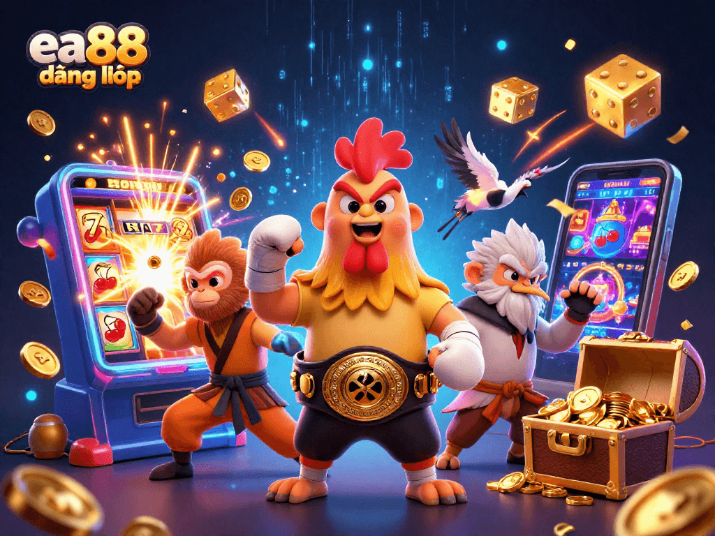 Enjoy exciting gameplay at ea88 đăng nhập, featuring action-packed characters amidst casino-themed elements.