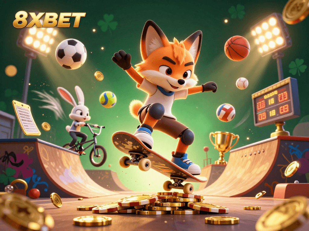 experience thrilling gaming at 8XBET with animated characters immersed in a vibrant casino world