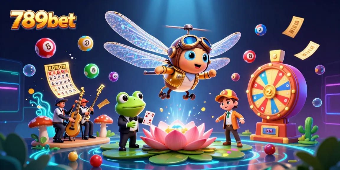Experience the vibrant energy of 789bet with a 3D illustration of a casino scene featuring a dragonfly pilot, frog croupier, and jazz musicians.