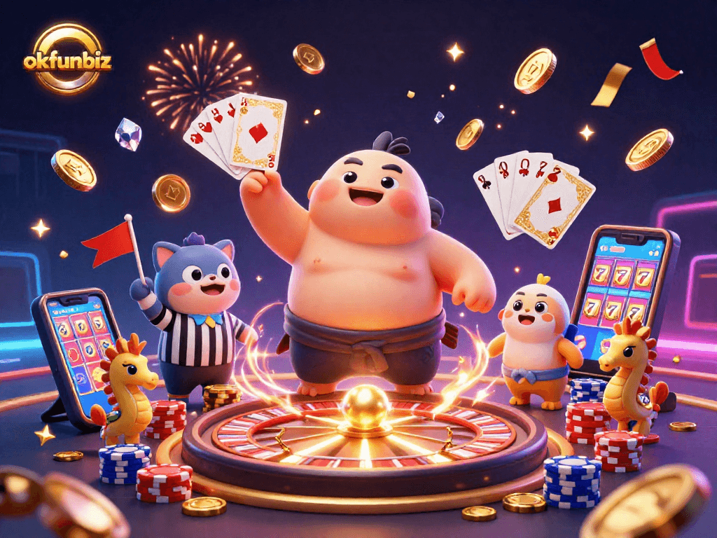 Engage in thrilling online gaming at okfunbiz with vibrant casino elements including coins, cards, and 3D characters.