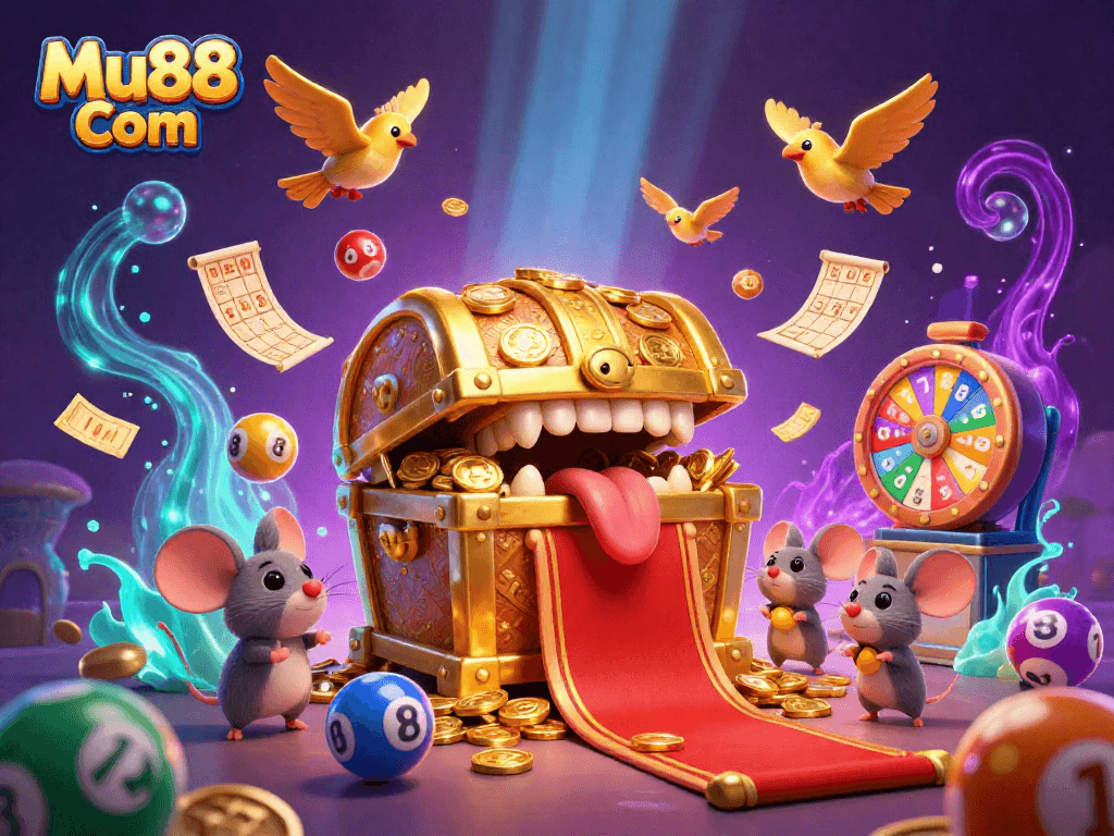 Engage with exciting lottery action at Mu88 Com featuring vibrant illustrations of wealth and gameplay.
