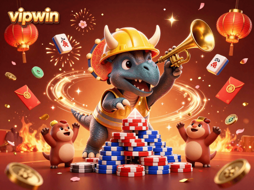 Experience the excitement of vipwin with a playful triceratops celebrating casino wins among festive decor