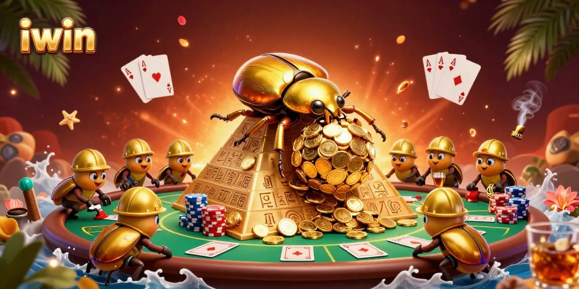 iwin reveals a vibrant casino scene with golden beetles rolling coins and poker elements amidst dynamic decorations.