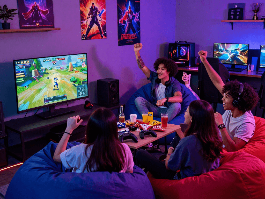 Friends enjoying a lively gaming session while playing a porno game together in a cozy gaming lounge.