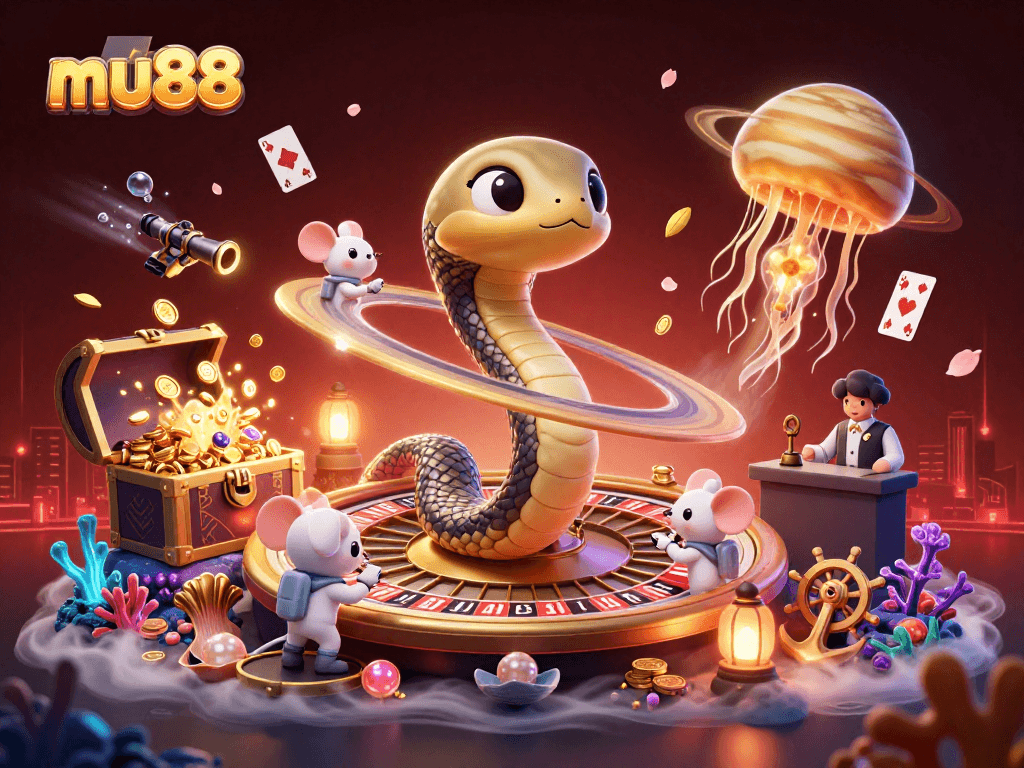 Experience thrilling bets at mu88 with cartoon characters betting on a roulette wheel made of Saturn's rings.