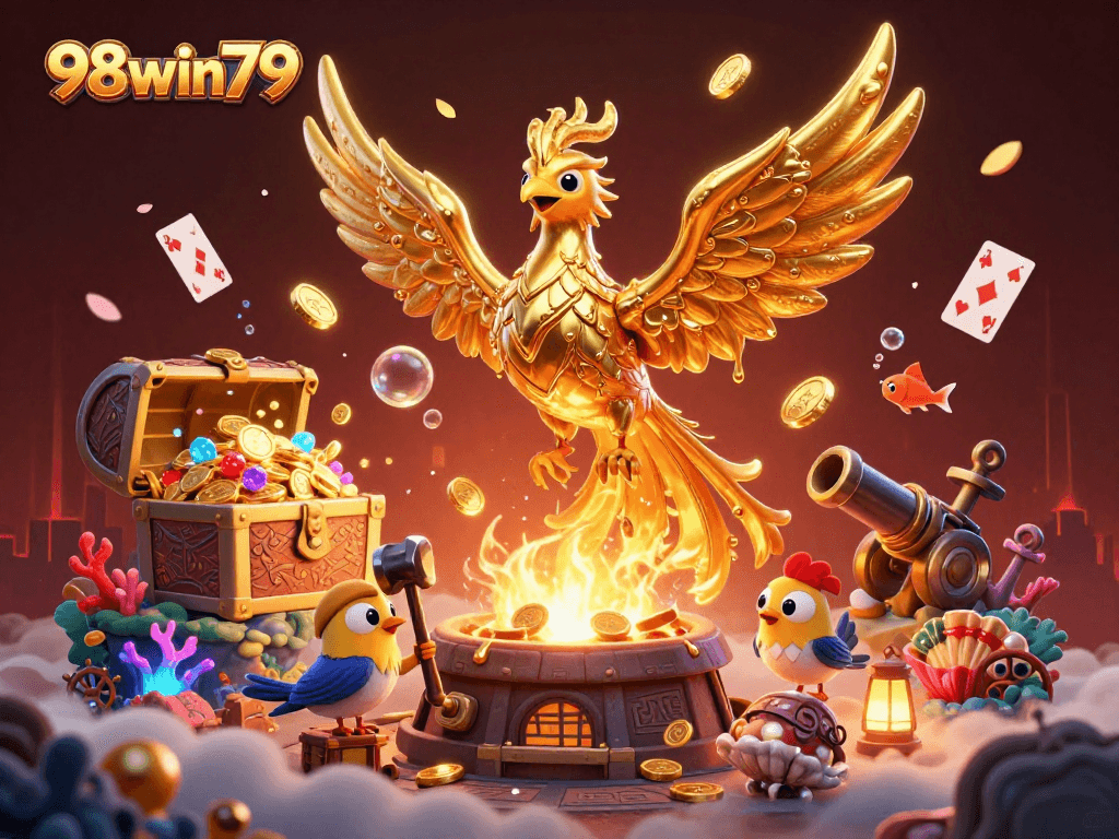 Engage with 98win79's exciting golden phoenix casino theme, showcasing molten metal elements and underwater treasures.