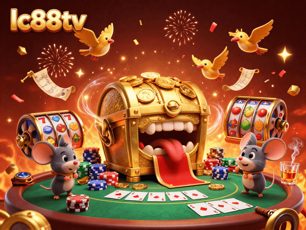 Enhance your gaming experience at lc88tv with vivid slot games and a dynamic treasure chest scene.