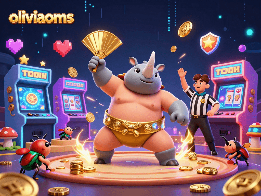 Experience the thrill of oliviaooms with a lively 3D casino scene featuring cartoon characters and dynamic game elements.