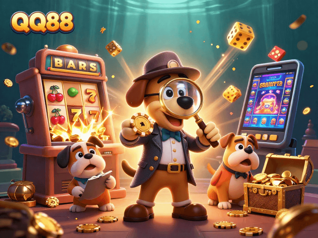 Engage with QQ88 as a detective investigates winning strategies amidst vibrant casino elements.