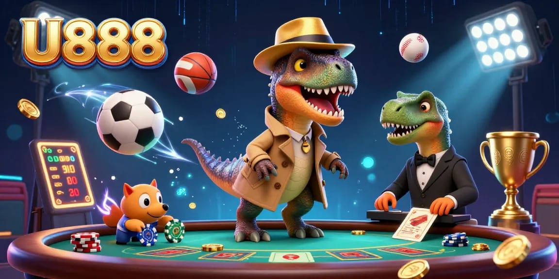 U888 velociraptor card counter at blackjack table amid lively sports betting elements.