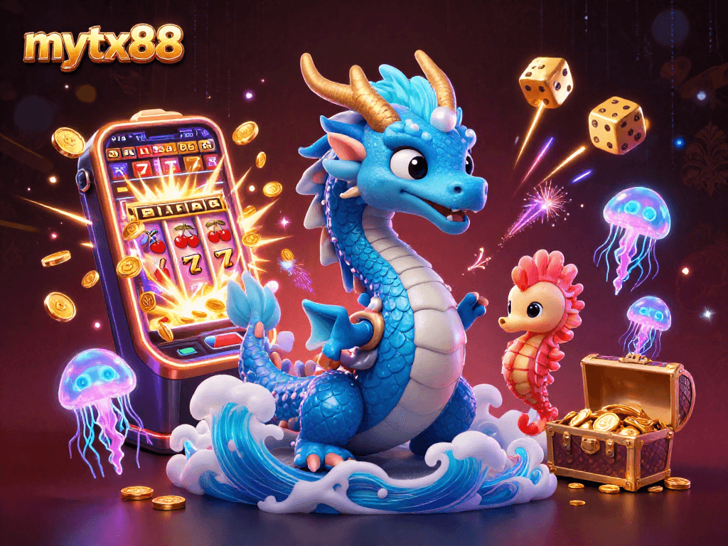 Experience thrilling gambling at mytx88 with a dynamic 3D scene featuring vibrant characters and casino elements.