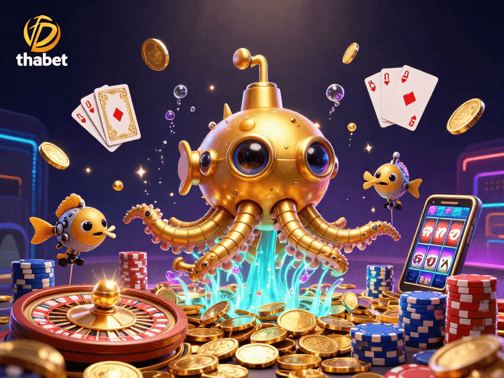 Experience the thrill of thabet with a dynamic gaming scene featuring a golden kraken submarine amidst cascading coins and a roulette wheel.