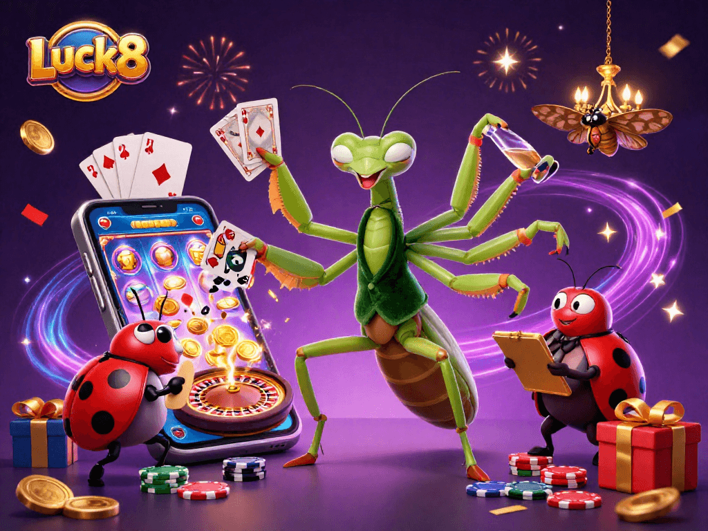 Luck8 showcases a vibrant casino scene with characters dealing cards and celebrating wins.