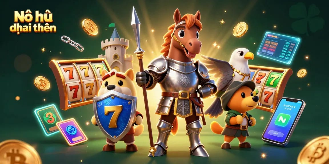 Nổ hũ đổi thưởng scene showcasing a medieval knight, squire puppy, and castle falcon amidst slot reels and cryptocurrencies.