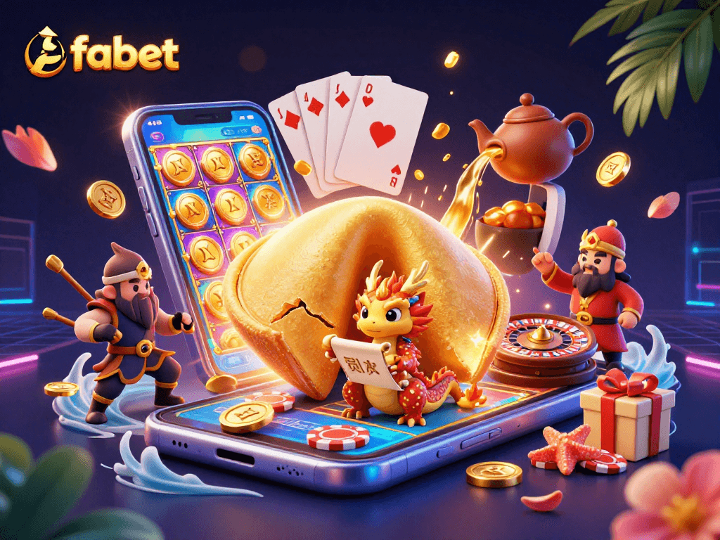 Join the fabet excitement with a dynamic scene of fortune cookie themes intertwined with casino elements.
