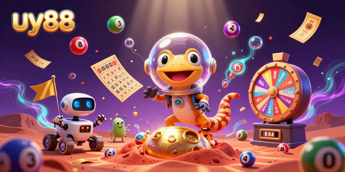 Exciting uy88 Martian gecko discovering a golden casino with vibrant gaming elements