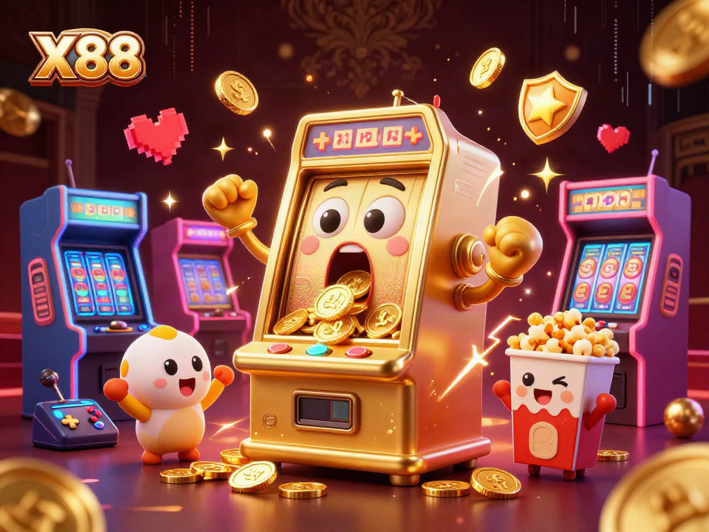 X88 brings gaming excitement with gold slot machines celebrating jackpots amidst vibrant casino-themed visuals.