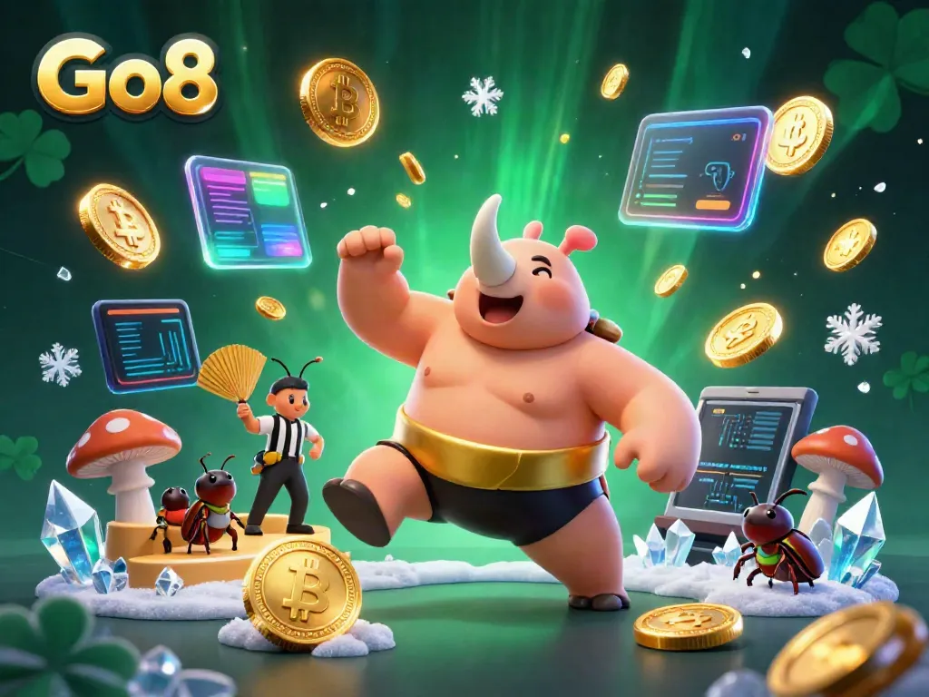 Engage with Go8's thrilling casino action featuring a sumo beetle champion amidst golden coins and crypto elements.