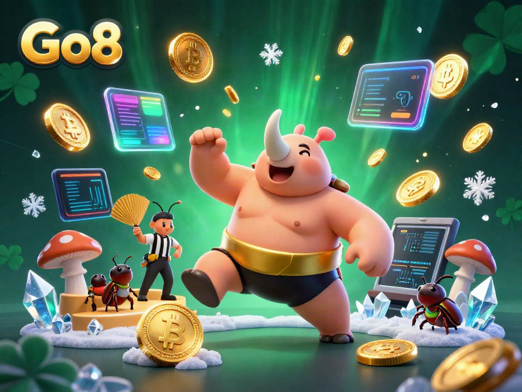 Engage with Go8's thrilling casino action featuring a sumo beetle champion amidst golden coins and crypto elements.