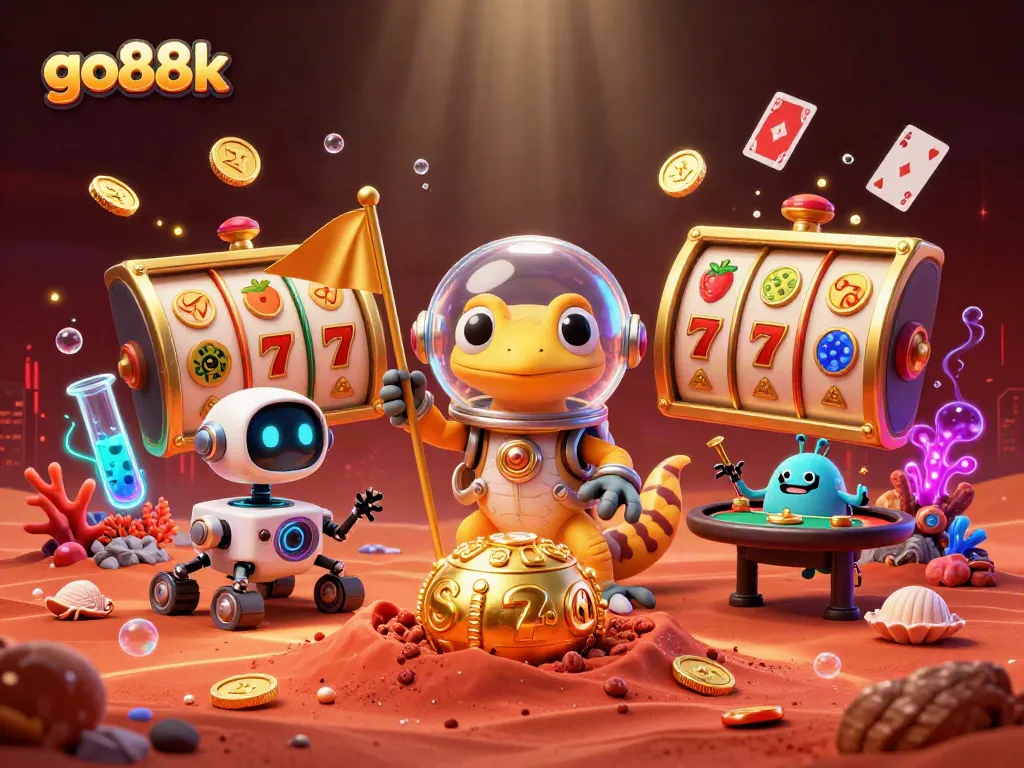 Explore the vibrant casino scene with go88k, featuring a Martian gecko and dynamic gambling action.