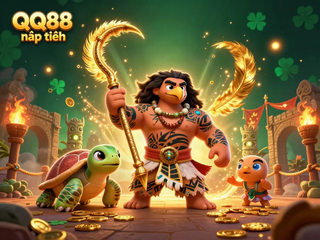 Engage with QQ88 nạp tiền in a vibrant casino scene featuring a Polynesian demigod and turtle amidst dazzling game elements.