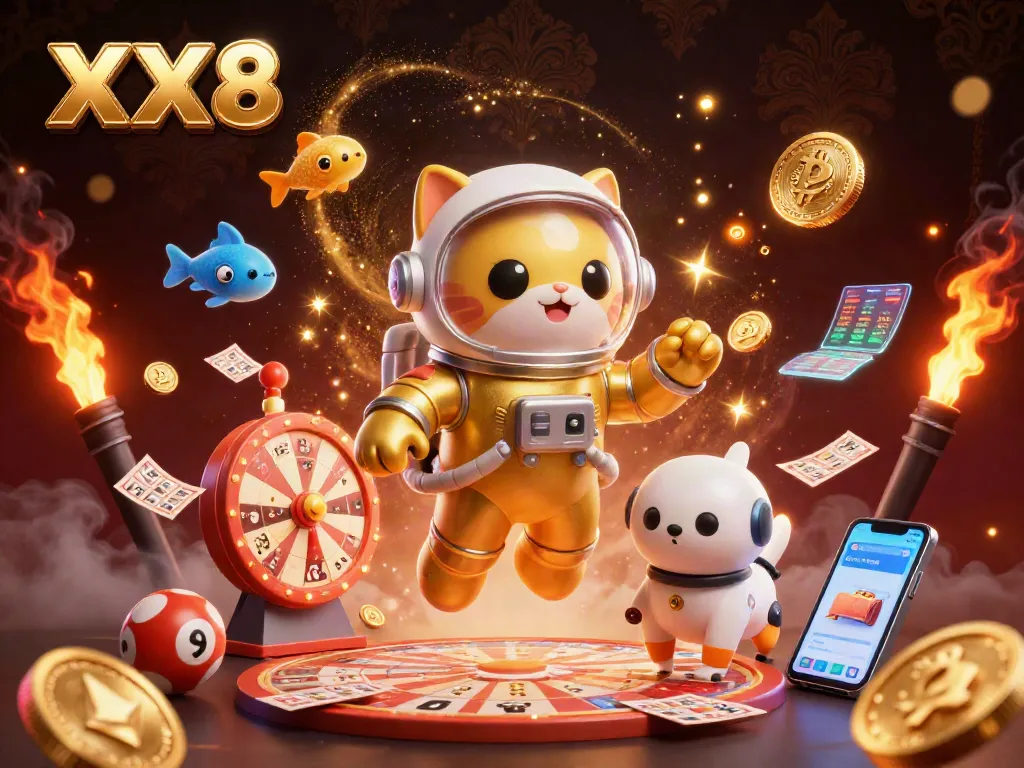 Engage in thrilling lottery and gaming experiences at XX8 casino with dynamic prize wheels and colorful game elements.