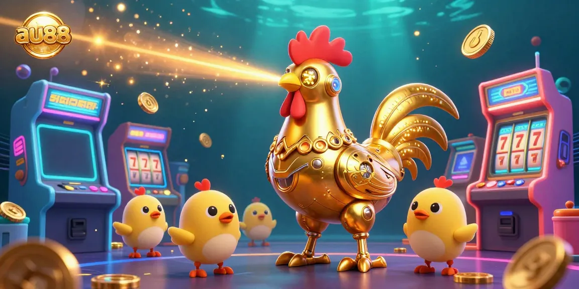 Experience thrilling slots at au88 with a golden rooster robot amidst vivid game elements.