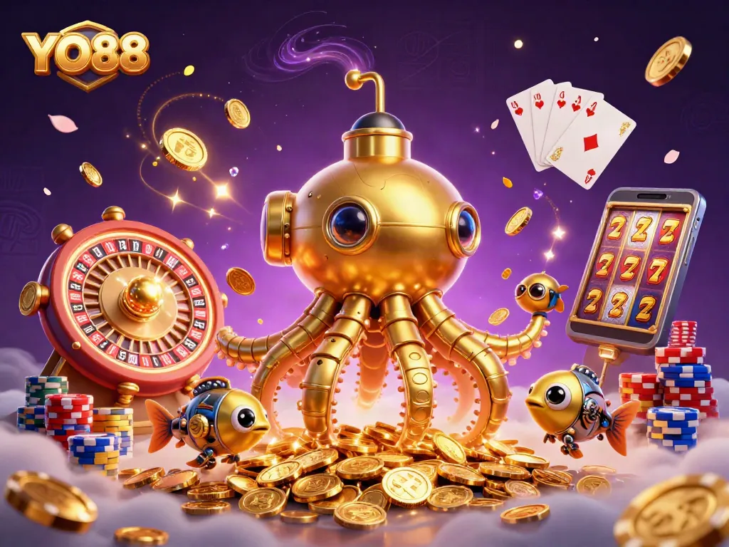 Join the excitement at YO88 with a thrilling 3D casino adventure surrounded by golden coins and dynamic gaming elements.