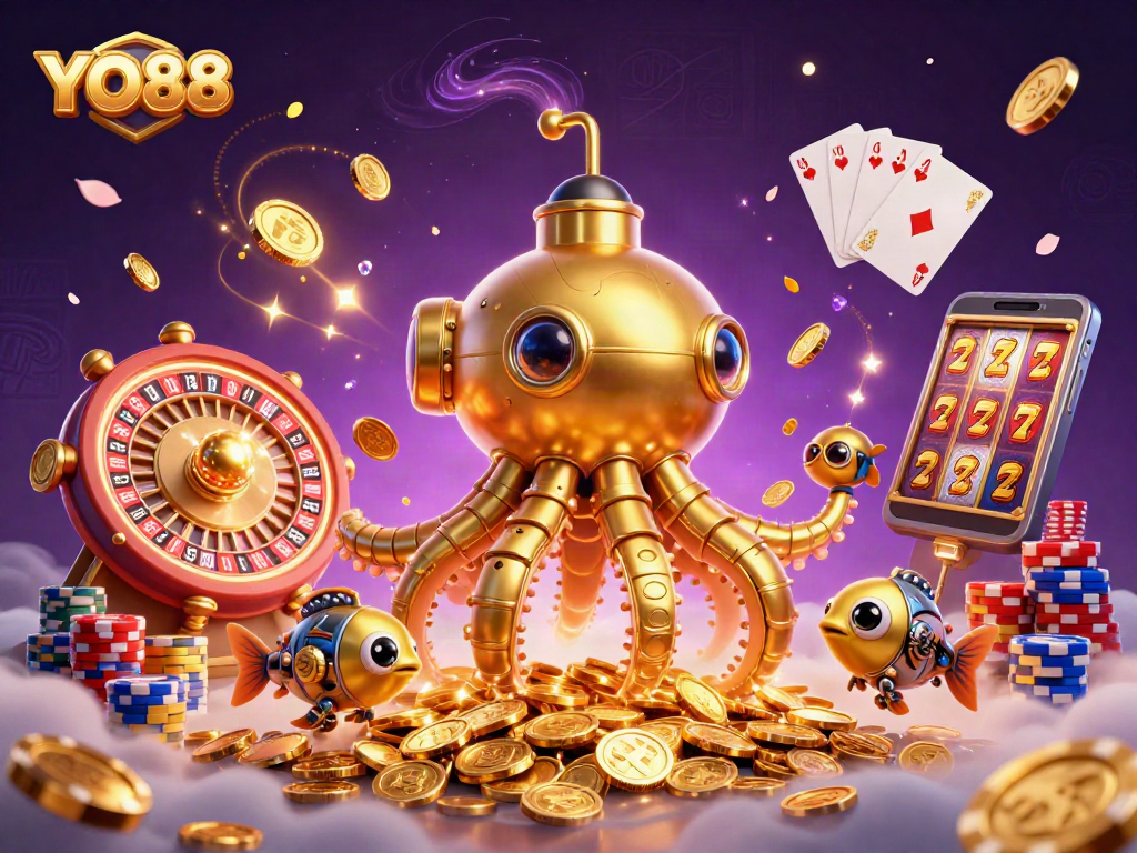 Join the excitement at YO88 with a thrilling 3D casino adventure surrounded by golden coins and dynamic gaming elements.