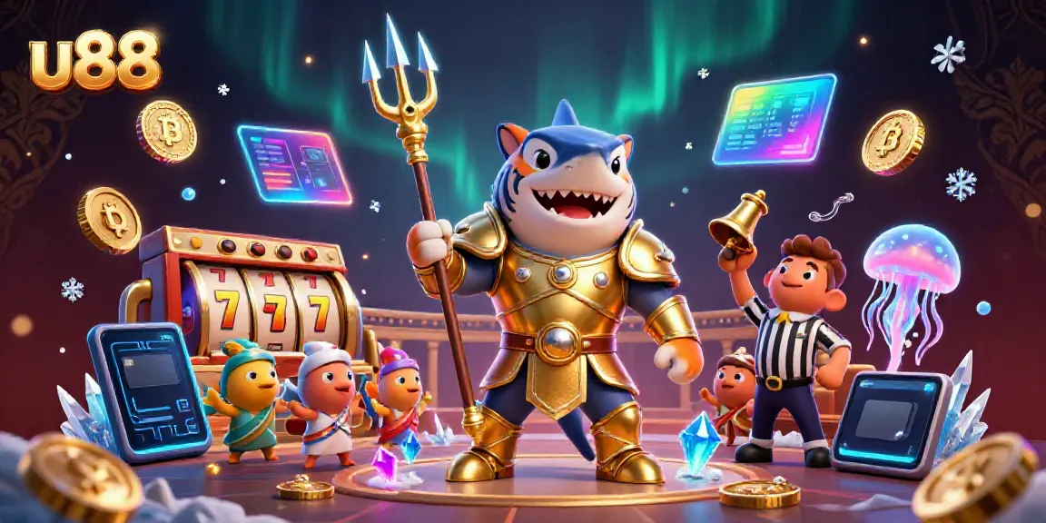 Experience thrilling jackpots at u88 with a 3D illustration of a tiger shark gladiator in an underwater casino.
