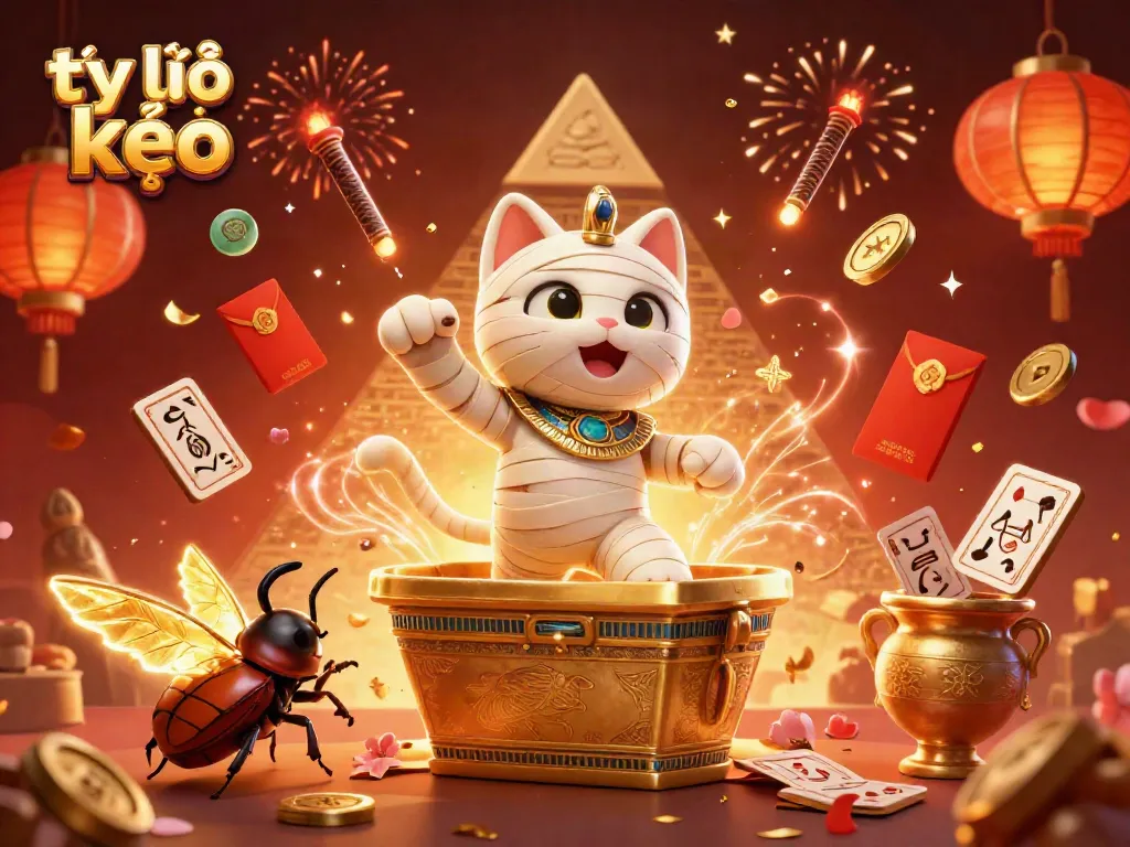 Experience the thrilling action of tỷ lệ kèo in a vibrant 3D casino scene with a mummy cat and glowing scarab.
