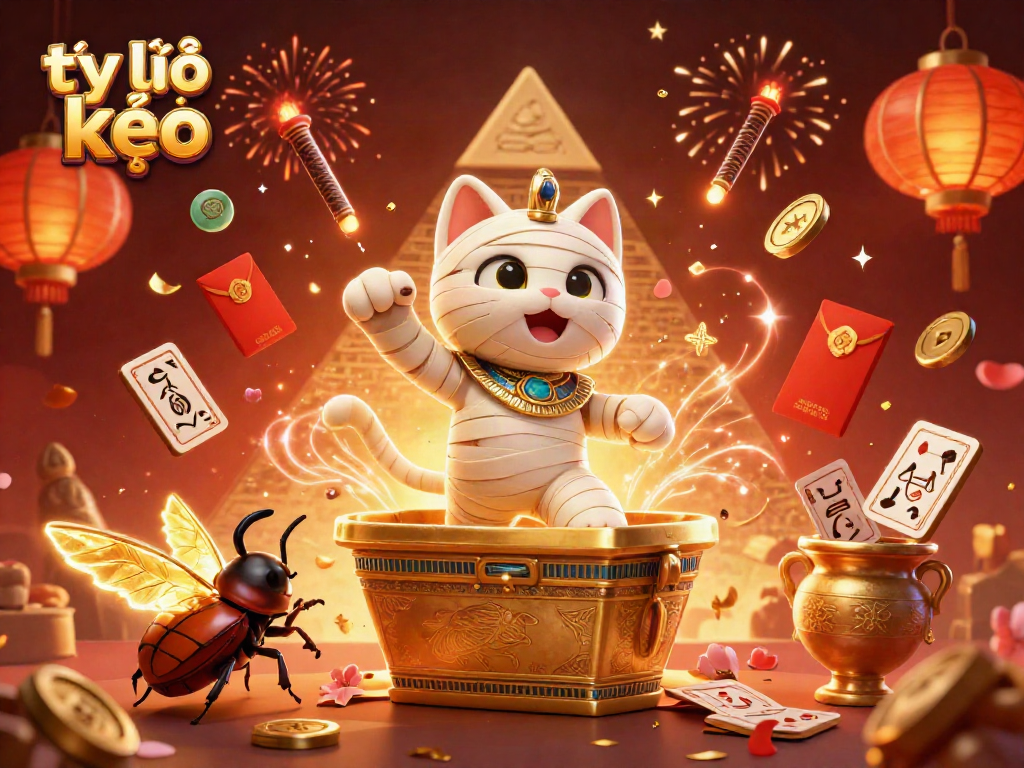 Experience the thrilling action of tỷ lệ kèo in a vibrant 3D casino scene with a mummy cat and glowing scarab.