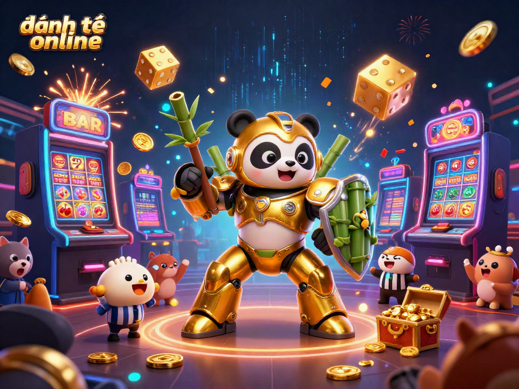 Engage in exhilarating đánh đề online with a vibrant scene of a golden panda in a mech suit and exciting casino elements.