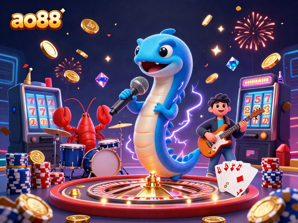 A colorful underwater casino scene featuring ao88's electric eel DJ with casino elements.