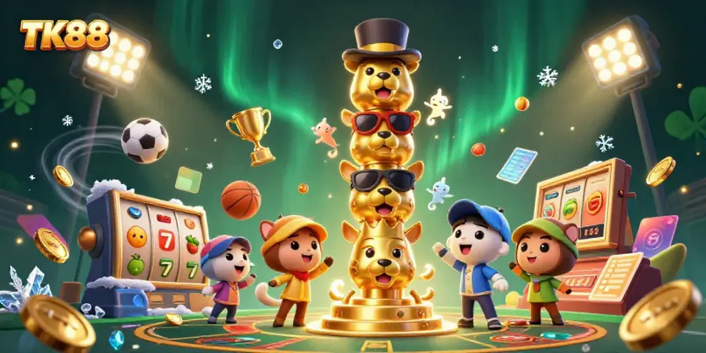 Experience vibrant TK88 casino excitement with dynamic game elements and golden totem pole.
