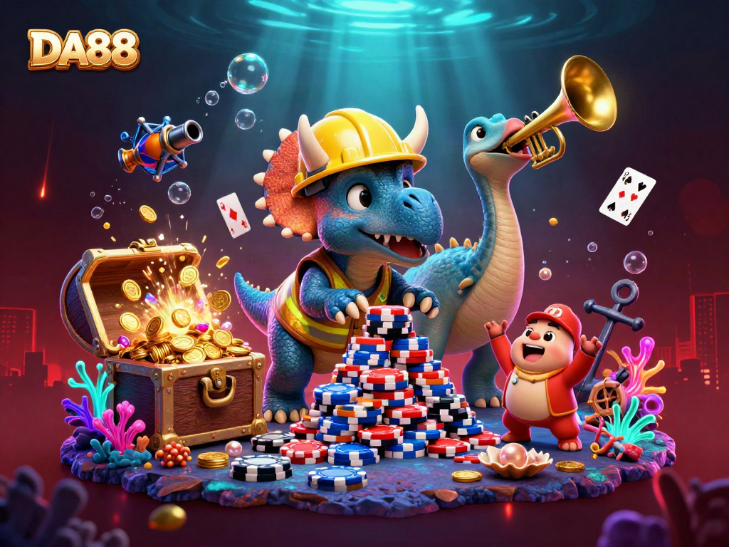 DA88 celebrates wins at the casino with triceratops and parasaurolophus cheering amidst poker chips.