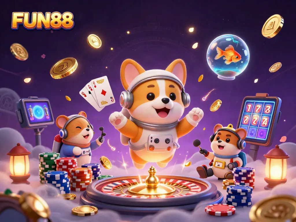 Experience FUN88 in a dynamic 3D casino scene with colorful characters and exciting gambling elements.