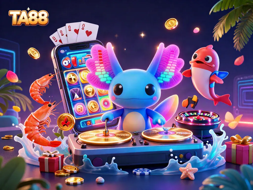 Experience the dynamic fun of TA88 as cartoon characters spin vibrant slot games and gambling elements.
