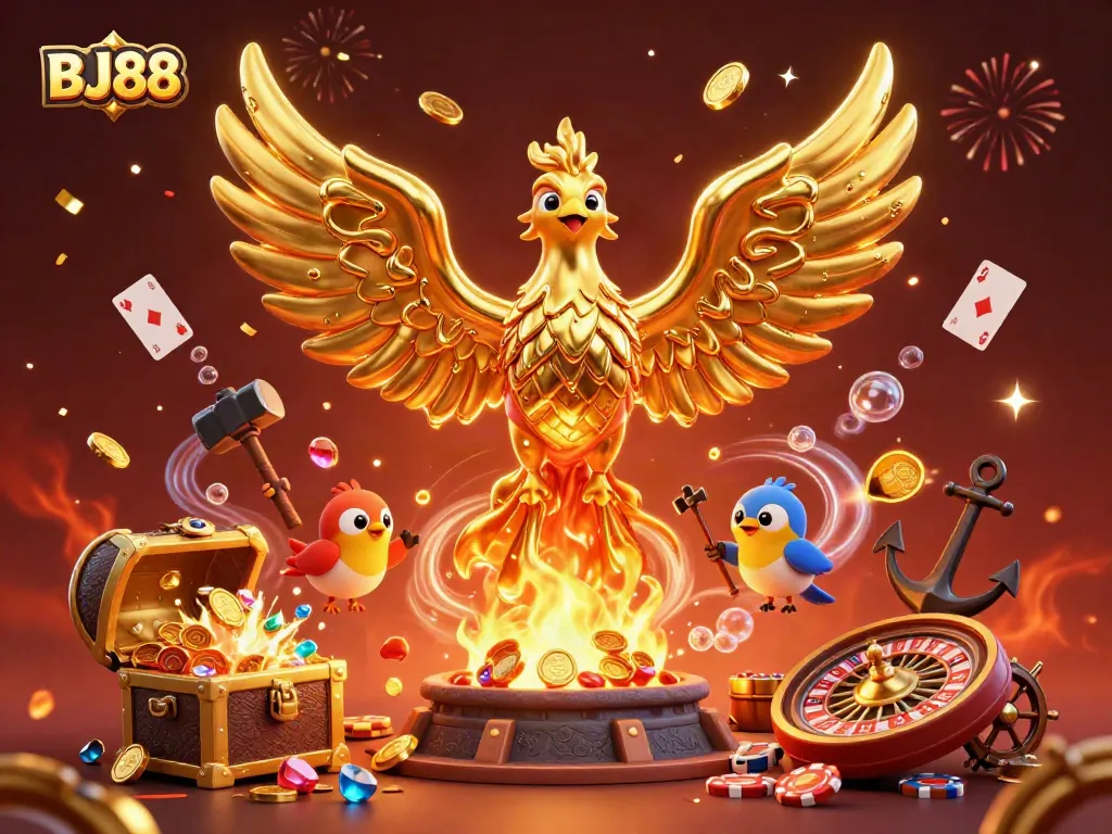 BJ88 showcases a stunning 3D rendering of a phoenix emerging with riches, embodying the thrill of online gaming.