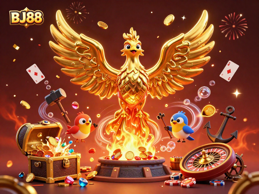 BJ88 showcases a stunning 3D rendering of a phoenix emerging with riches, embodying the thrill of online gaming.