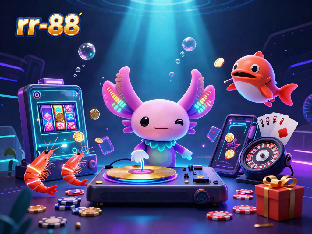 Experience the vibrant energy of the rr-88 casino, featuring a neon axolotl DJ and lively underwater scene.