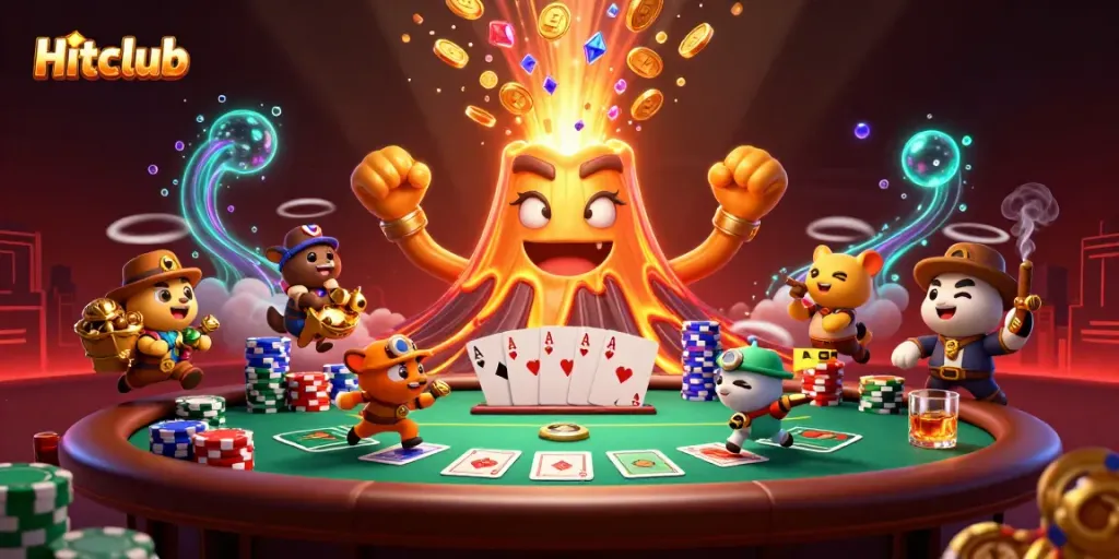 Hitclub showcases a lively casino scene with a golden volcano emitting treasures and poker excitement.