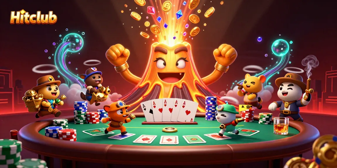 Hitclub showcases a lively casino scene with a golden volcano emitting treasures and poker excitement.