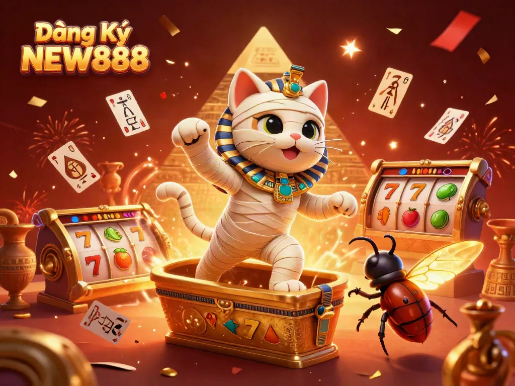 Engage in thrilling gameplay with Đăng Ký NEW888, featuring an Egyptian mummy cat and vibrant slot elements.