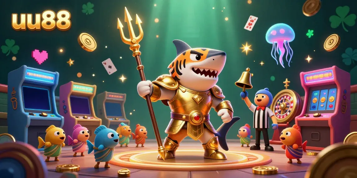 Experience excitement with uu88 casino games featuring a golden gladiator shark, slot reels, and arcade machines.